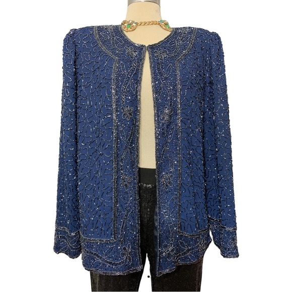 Gorgeous Elegant Blue Long Sleeves Beaded Embellished Jacket Size M/L - Picture 6 of 13